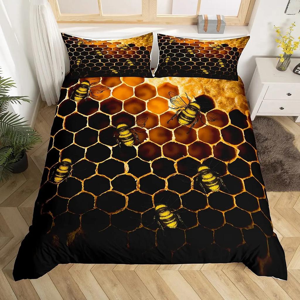 Honeycomb Duvet Cover Set Queen Size Geometry Hexagon Theme with Pink Blue Neon Lights Chic Comforter Cover for Boys Teen Man