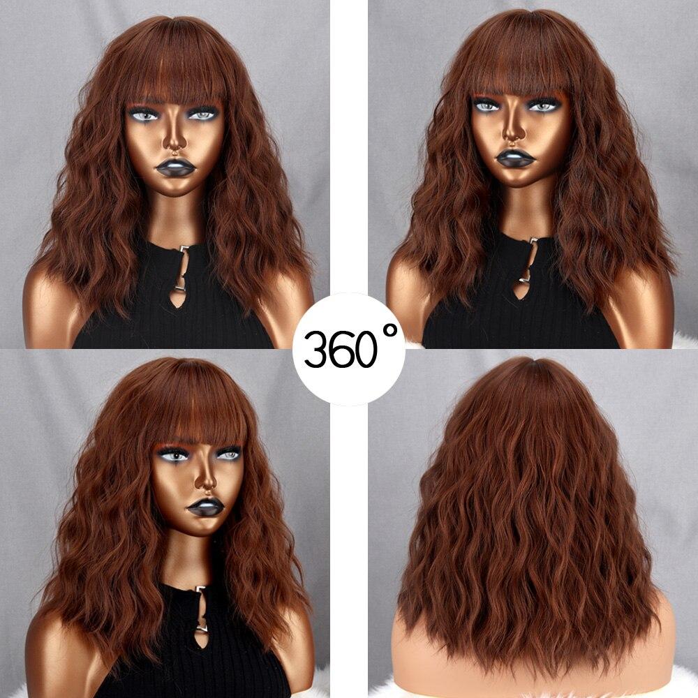 XINRAN Women Fashion Short Puff Wavy Wig with Bangs Synthetic Fiber Natural Corn Wave Daily Wear Cosplay Brown Color Short Wavy Wig
