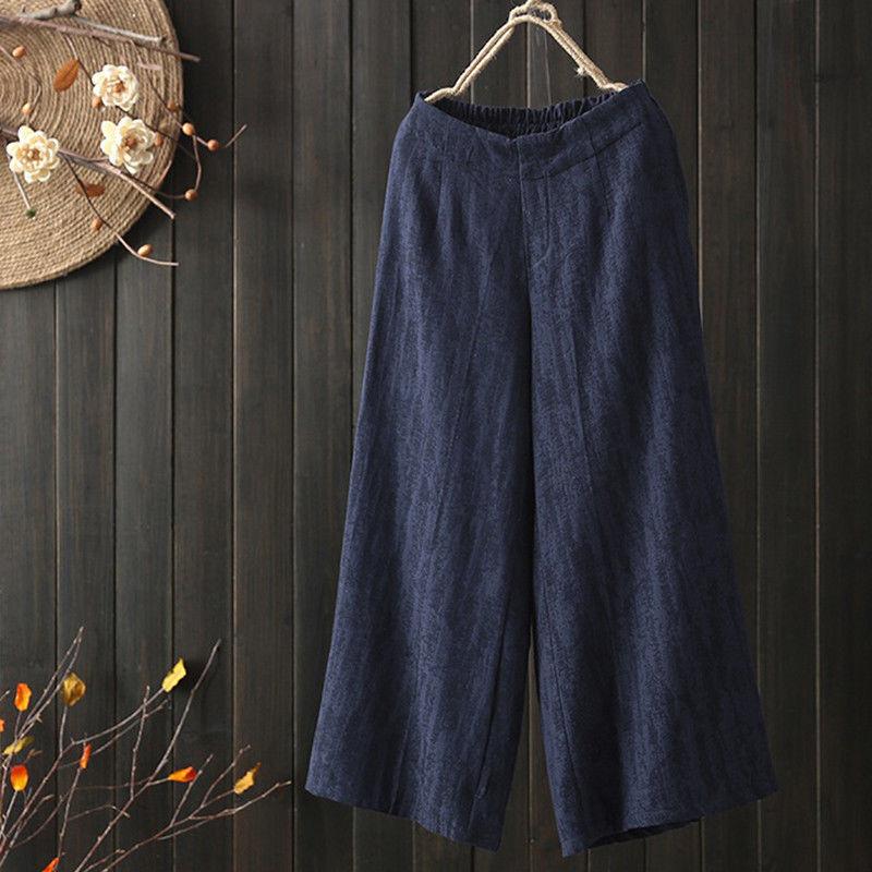 Women's Linen Blend Wide Leg Cropped Pants Elastic Waist Casual Trousers