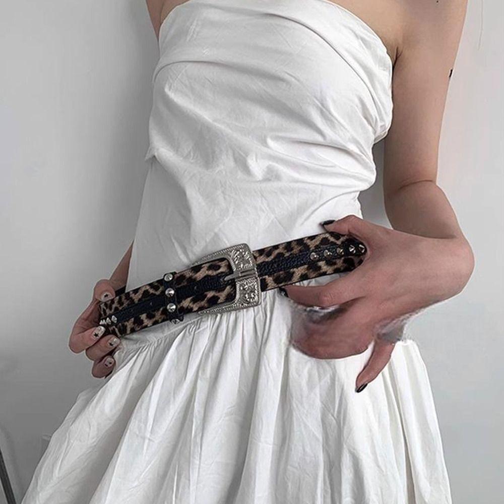 Nieten Damen Gürtel Leopardenmuster Kleid Jeans Gürtel Modischer Leder Taillengürtel Streetwear