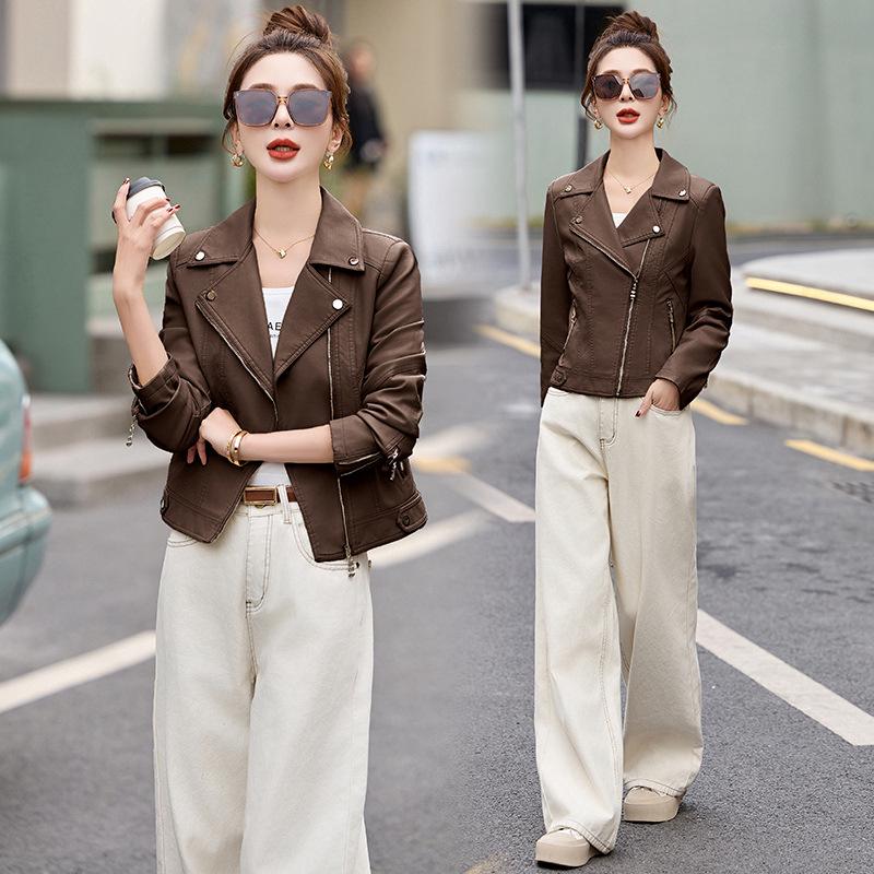 

Женская мотоциклетная кожаная куртка высокого класса - Весна и Осень 2025 XXL коричневый