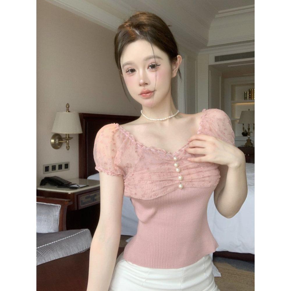 Summer Off Shoulder Pearl Button Knit Sweater for Hot Girls Sexy Short Cut Top with Lace Patchwork Slim Fit Short Sleeved for Ou