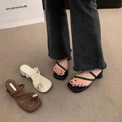 Chunky Heel Toe Covering French Style Sandals Women's Shoes Summer Outer Wear Classy High Heels