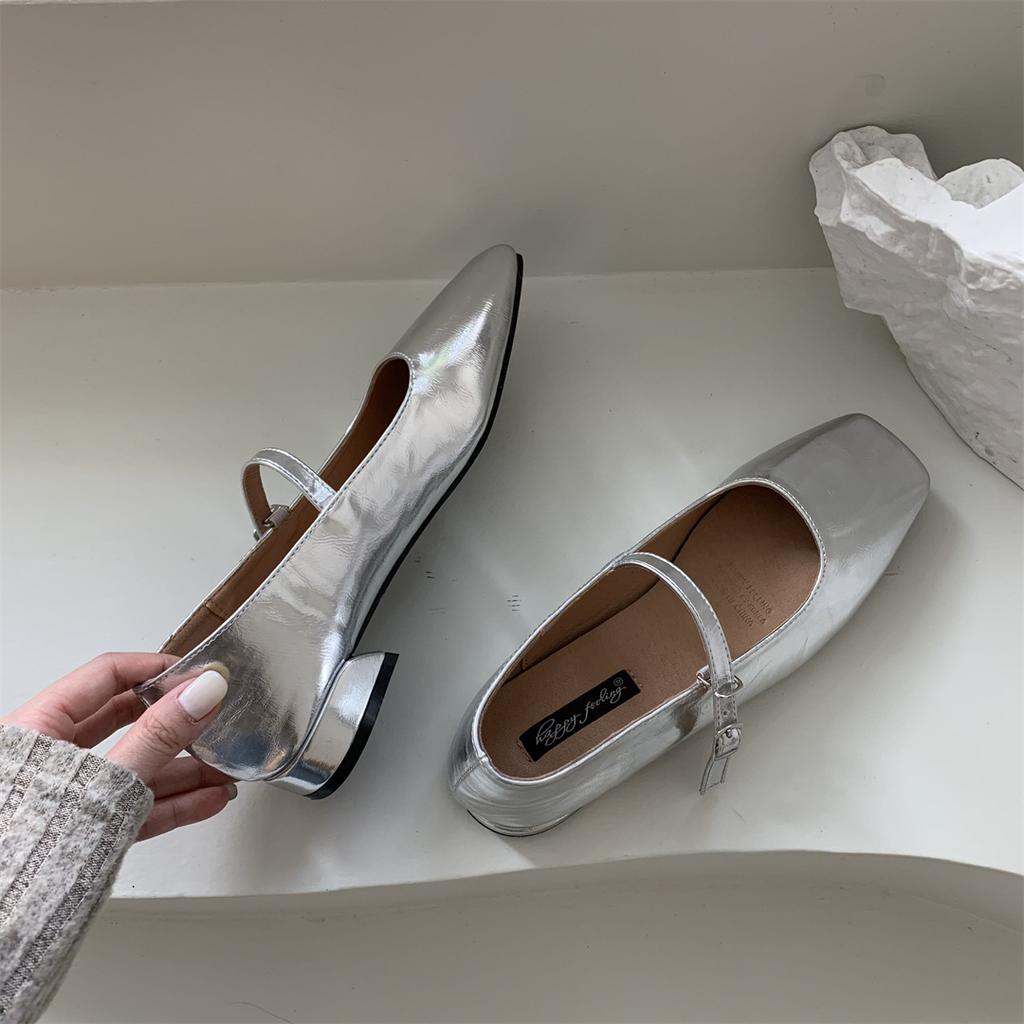 Fashion Flats Shoes for Women Luxury Silver Ballet Shoes Women's New 2025 Autumn French Mary Jane High Heel Single Shoe Ladies