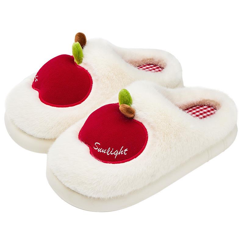 Women's Winter Plush Cotton Slippers - Cute Fruit Design, Cozy Velvet, Thick Sole, Couple-Friendly