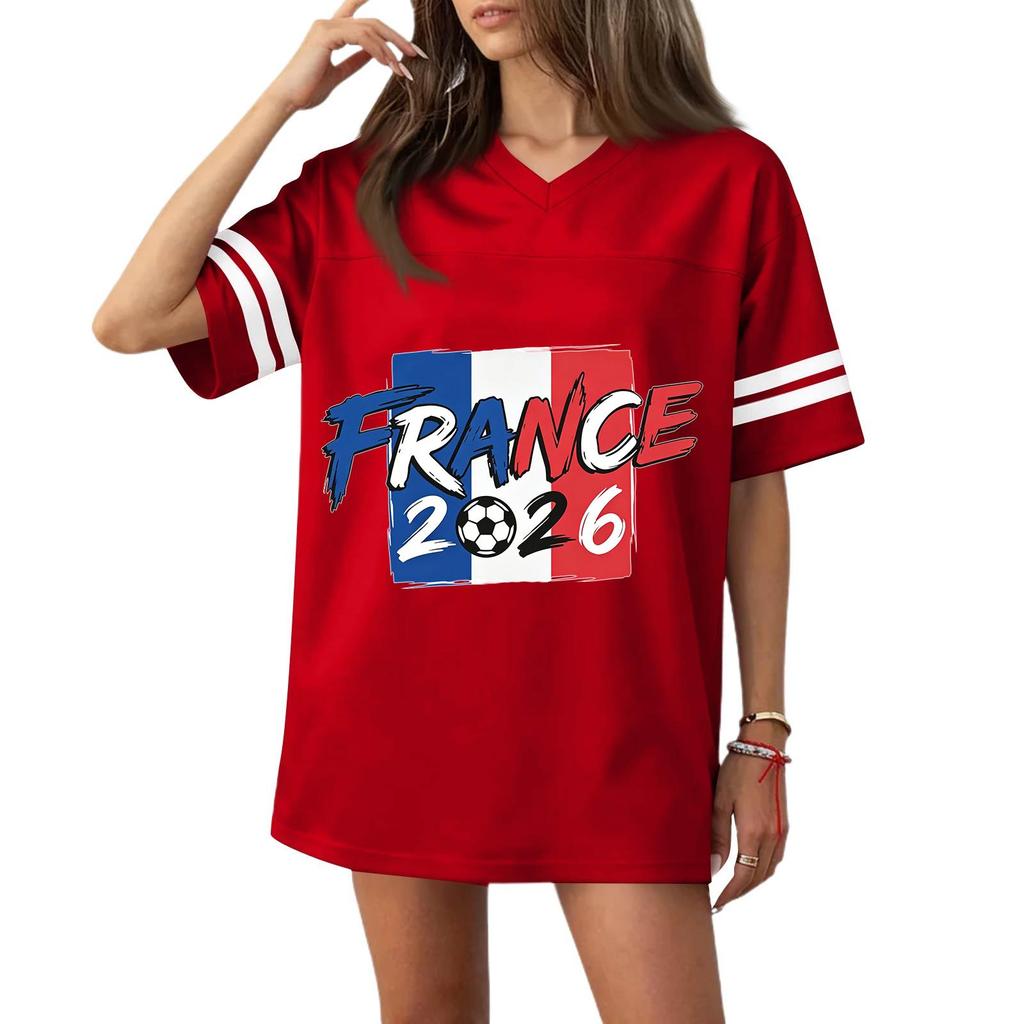Women V Neck Short Sleeve Loose Fit Sports T Shirt with Flag Graphic and Number Print for Casual or Athletic Wear 2026