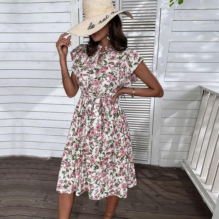 

Vintage Chic White Floral Short Sleeve A Line Dress Women Summer Sizes S Medium XXL Long V Neck XL белый