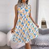 Damen Frühling Sommer Temperament Holz Ohr Rand Blume Hohe Taille Falten Kleid