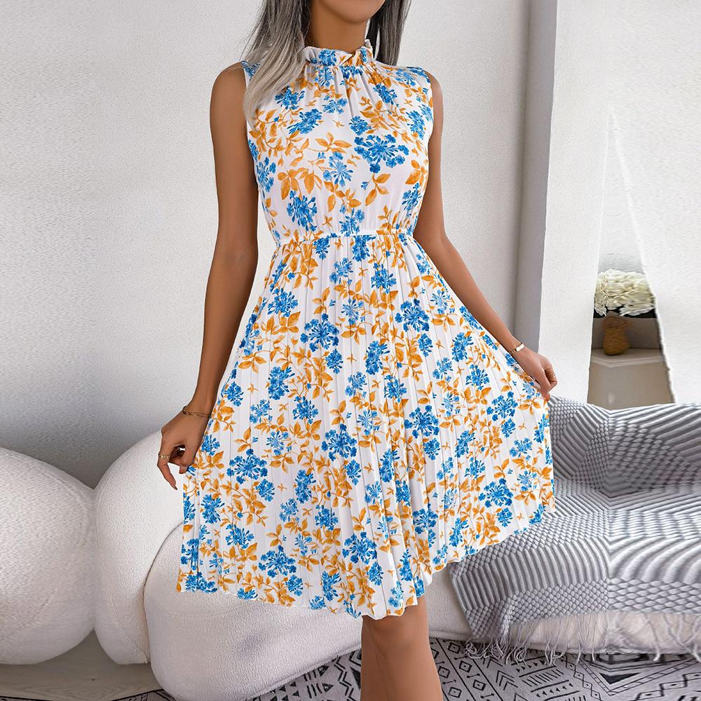 Damen Frühling Sommer Temperament Holz Ohr Rand Blume Hohe Taille Falten Kleid