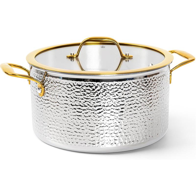 

MICHELANGELO Non-stick Stock Pot with Lid Luxury Hammered Stainless Steel 6 Quart Pot with Golden Handle Induction Stockpot