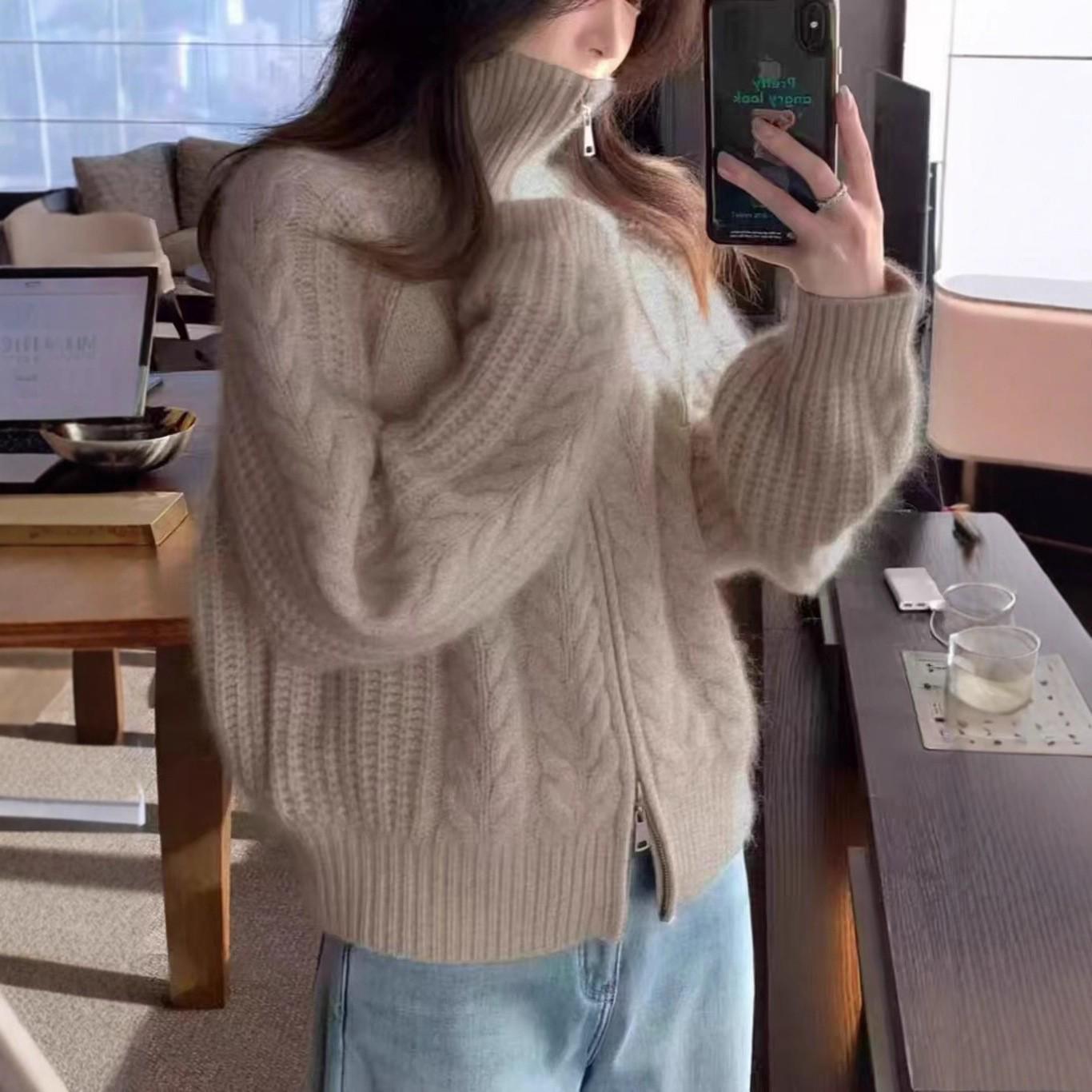 

Thick Wool Cable Knit High Neck Zipper Cardigan Sweater XL фиолетовый