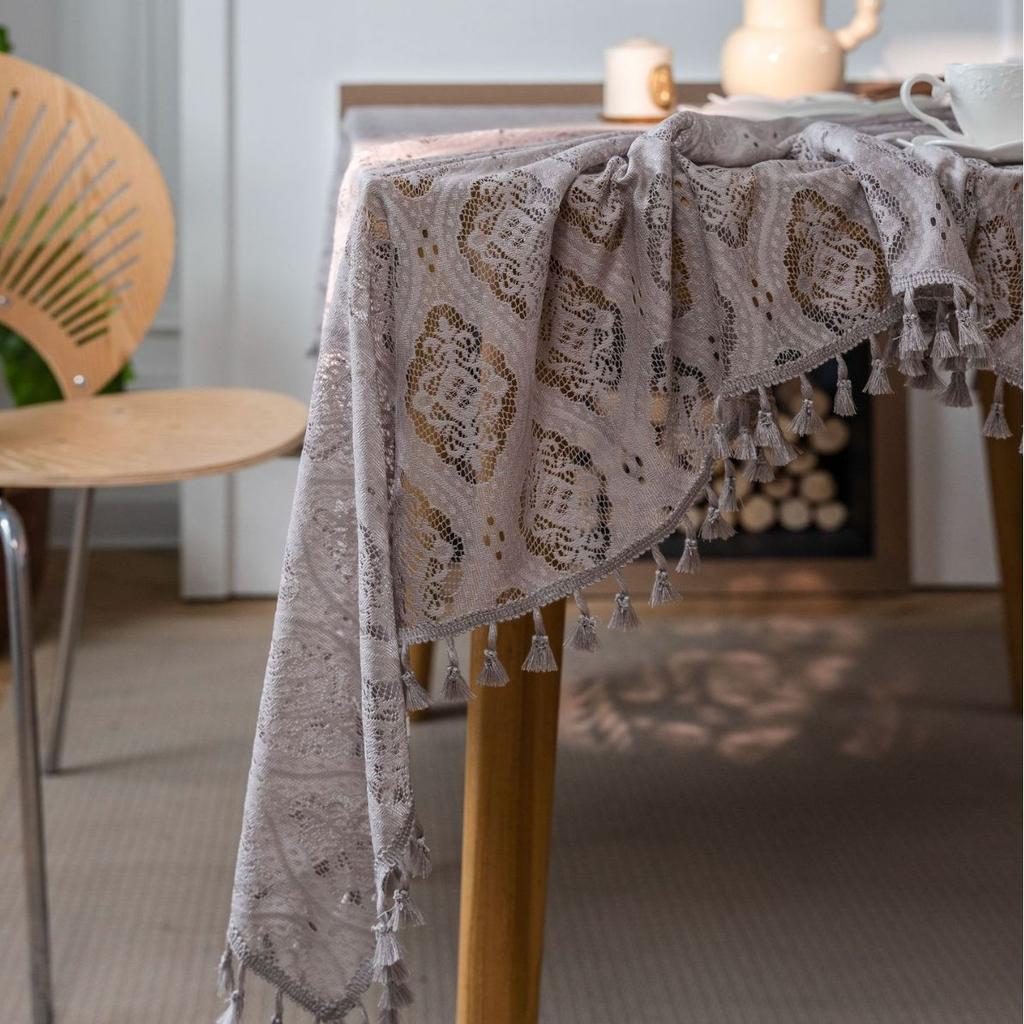 Bohemian Style Beige Tassel Tablecloth, American Pastoral Ins Hollow Crochet Rectangular Woven Table Mat, Geometric Pattern