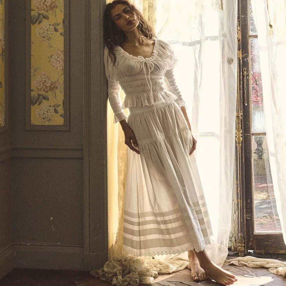 Elegant French Niche Spring Outfit: Puff Sleeve Drawstring Top & Skirt Set