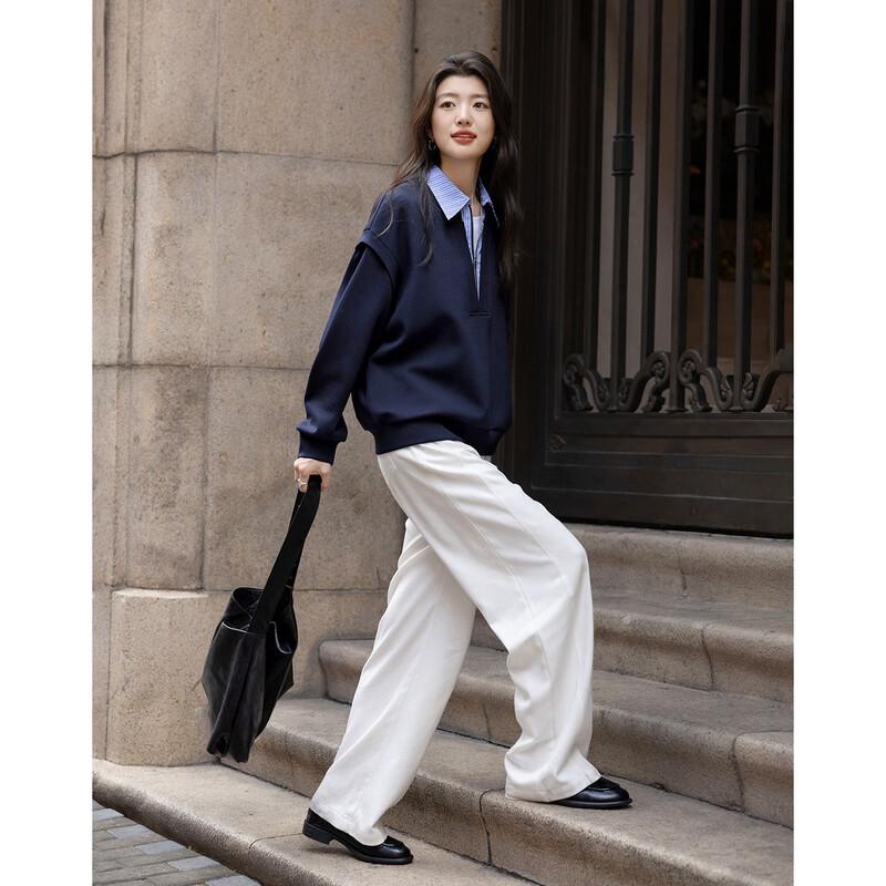 Demana Women's Fall Faux Two-Piece Striped Polo Sweatshirt