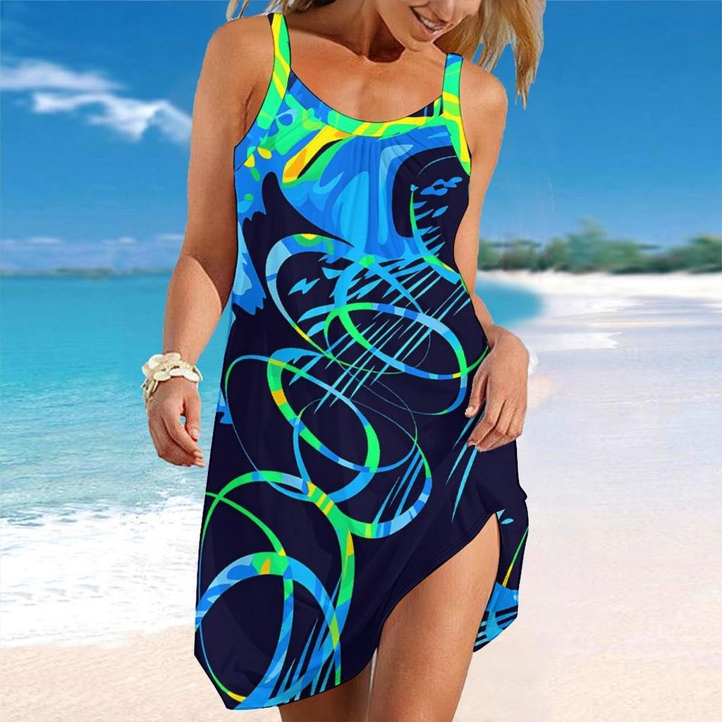 Women Plus Size Sleeveless Round Neck Dress Black Base Light Pink Palm Leaf Print Irregular Hem Loose Beach Dress