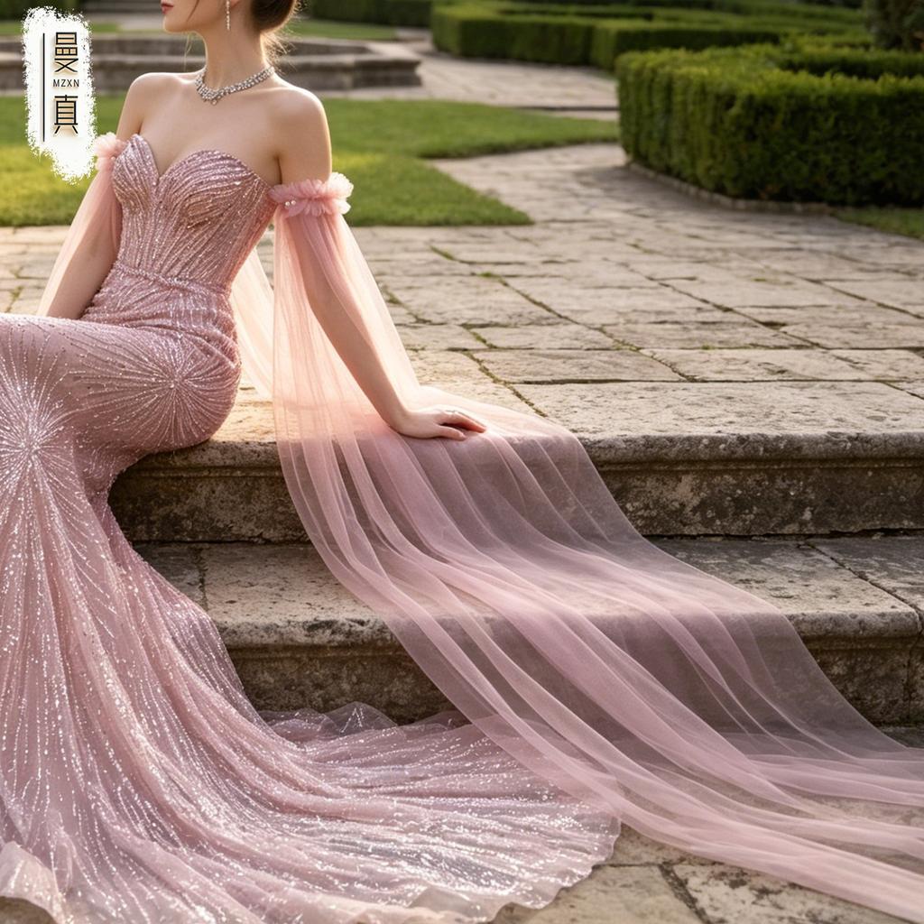 Detachable Off Shoulder Ruffle Tulle Long Train Arm Sleeves Maxi Floating Sheer Bridal Cuffs For Strapless Mermaid Wedding Gown Photoshoot