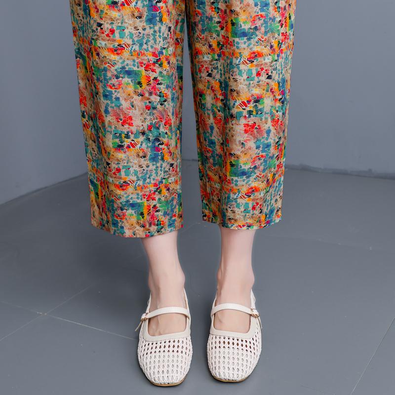 Plus Size Elegant 2 Piece Sets Women Summer Clothes Vintage Loose Print Pants Sets