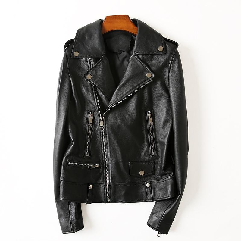 

Куртка из натуральной кожи женская, в стиле знаменитости, куртка из овчины, мотоциклетная кожаная куртка, облегающего кроя XXXL чёрный