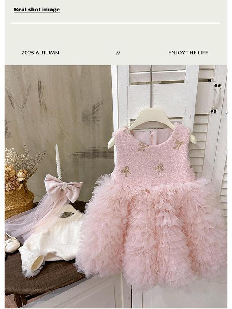 2025 Winter Red Velvet Mesh Princess Dress for Toddlers with Bowknot