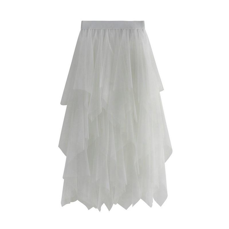Damen Frühling Asymmetrischer Mesh Midi Rock - Hohe Taille Transparente Einsätze Schlankmachender Rock mit Fließendem Lagen-Design
