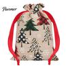 Large Holiday Gift Pouches Christmas Tree Print Drawstring Bags, Faux Linen Xmas Treat Bag, Festive Ornament Storage Reusable Candy & Apple Pouch for