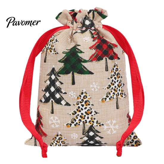 Large Holiday Gift Pouches Christmas Tree Print Drawstring Bags, Faux Linen Xmas Treat Bag, Festive Ornament Storage Reusable Candy & Apple Pouch for