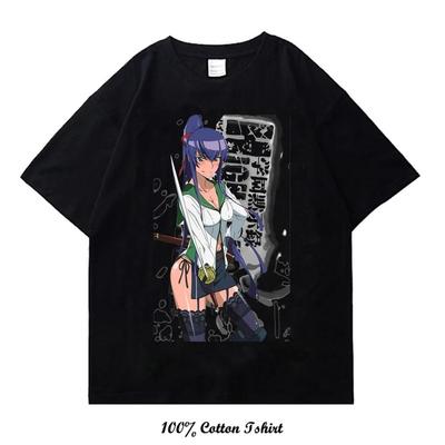 Highschool of the Dead Saya Takagi Geometric Vintage T-Shirt, Unisex Anime Fan Streetwear Tee, 100% Cotton Casual Short Sleeve Top