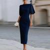 Damen Midi-Kleid Schlanke Passform Taillendesign Elegantes Bateau-Ausschnitt Kurzarm Formelles Kleid für Büro Party Abendgarderobe