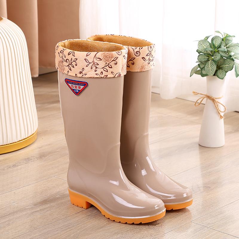 High rain boots rain shoes women's adult water shoes non-slip beef tendon sole fleece thermal overshoes rubber shoes wear-resistant work winter