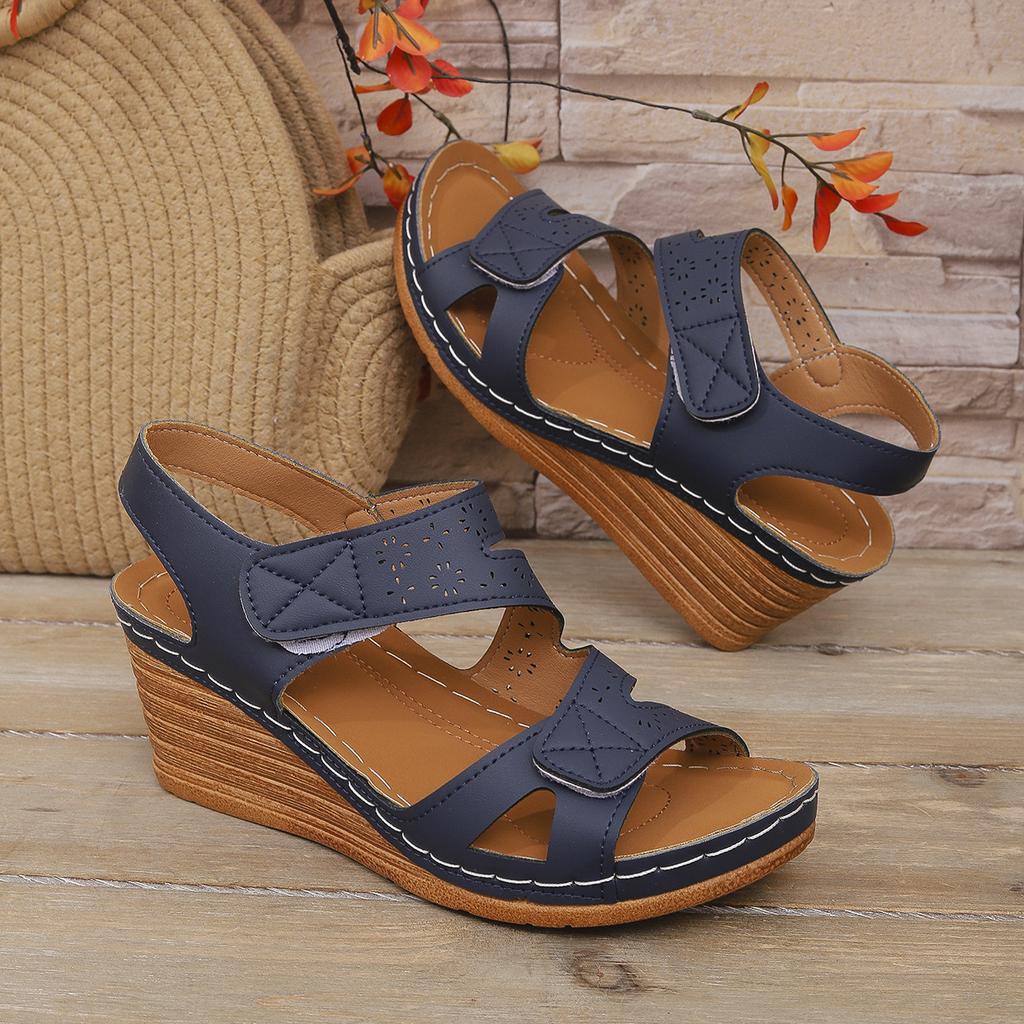 Round head large size Velcro sandals women's popular new bohemian slope heel one-word women's shoes