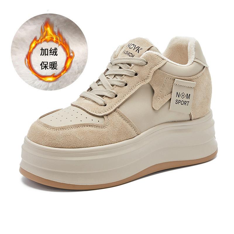 Leather Velvet Women's Shoes Autumn and Winter Women's Thick-soled Inner Height Increase Casual Shoes Children's Versatile White Shoes