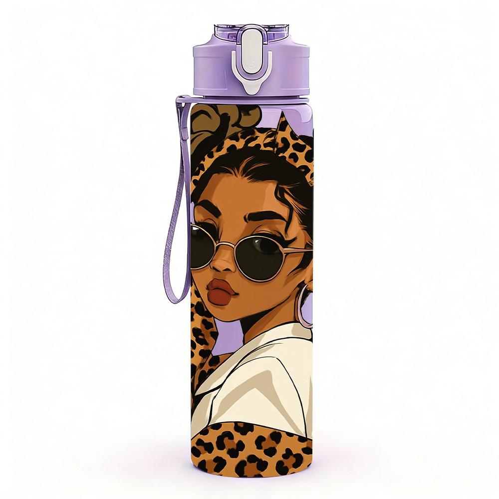 1PC Girl Leopard Hair Fashion Print 750ml Color Plastic Sports Water Bottle Leakproof Flip Straw Lid Suitable for Sports Office Home Use