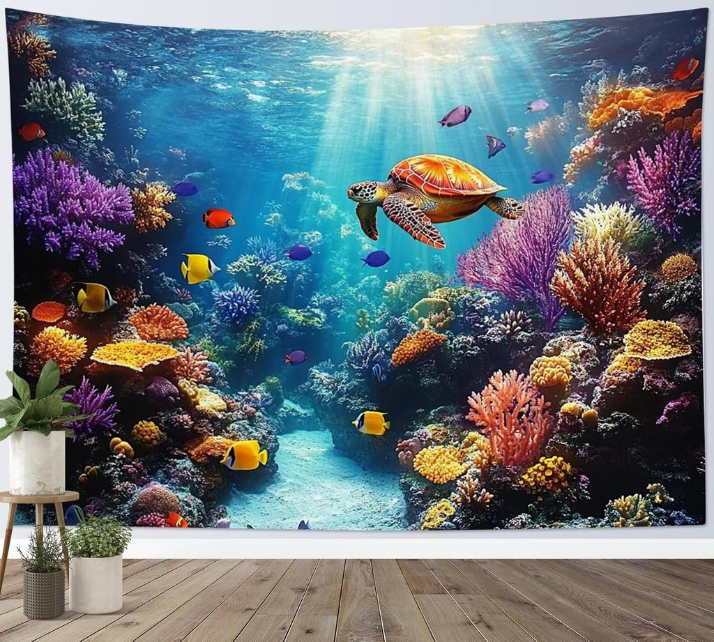 Sea Turtle Coral Reef Tapestry Blue Ocean Tropical Fish Underwater Wall Hanging for Bedroom Living Room Nature Decor
