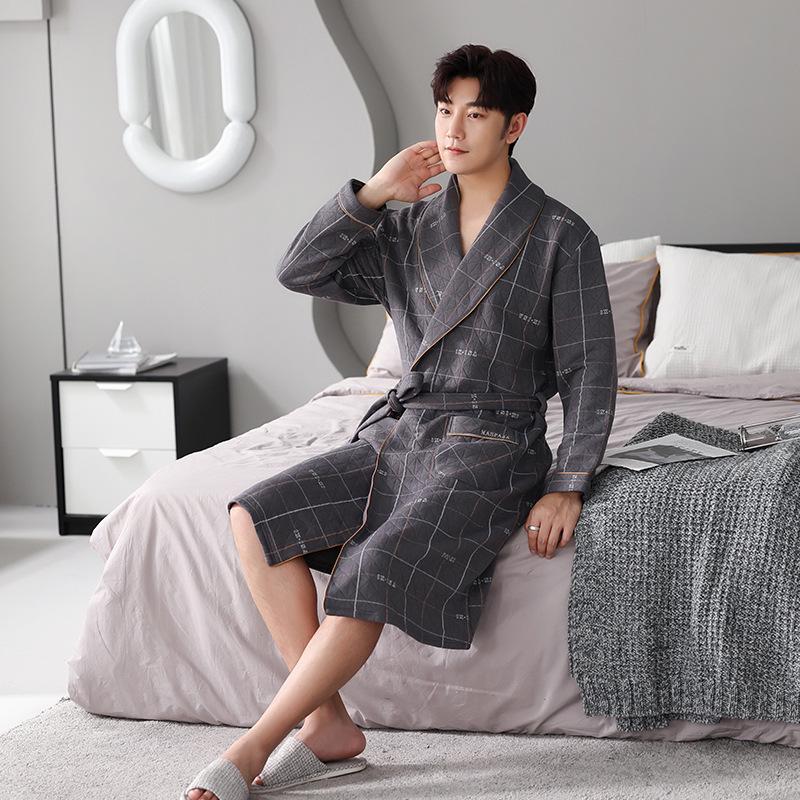 Men's Long Cotton Pajamas & Bathrobe - Thick, Three-Layer for Winter & Spring