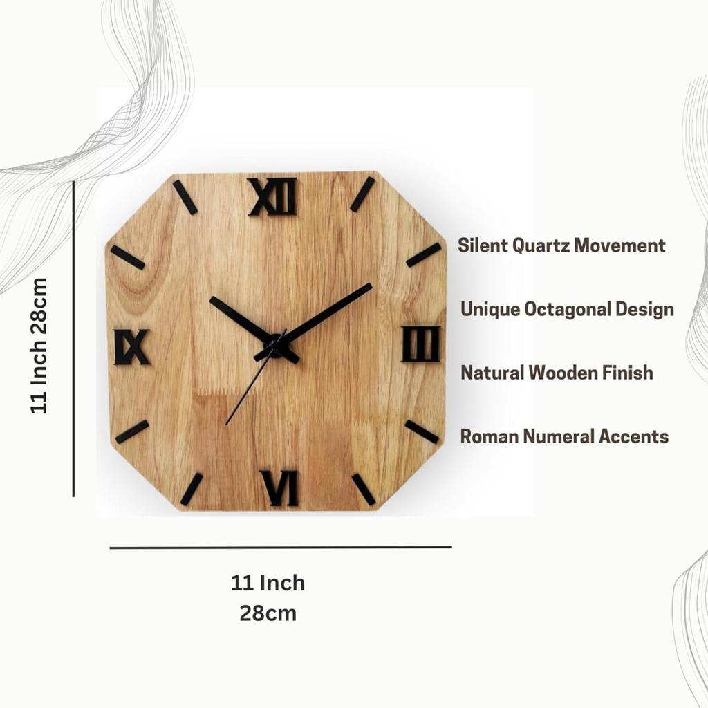 OctaROME 28cm Wooden Wall Clock – Octagonal Shape, Roman Numerals, Silent Quartz, Natural Wood Finish – Home & Office Decorative Wall Clock