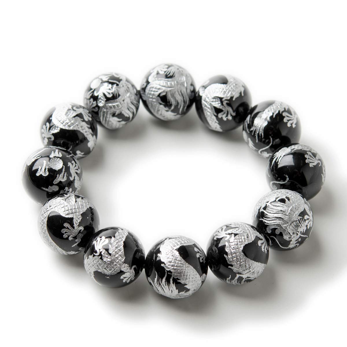 

Silver Carved Five Claw Emperor Dragon Onyx 20mm Mala Bead Bracelet Power Stone Natural Stone [Sekuki] Men s [b557]