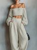 New Women's Minimalist Linen Blend Sleeveless Long Sleeve Top Set with Wide Leg Pants
