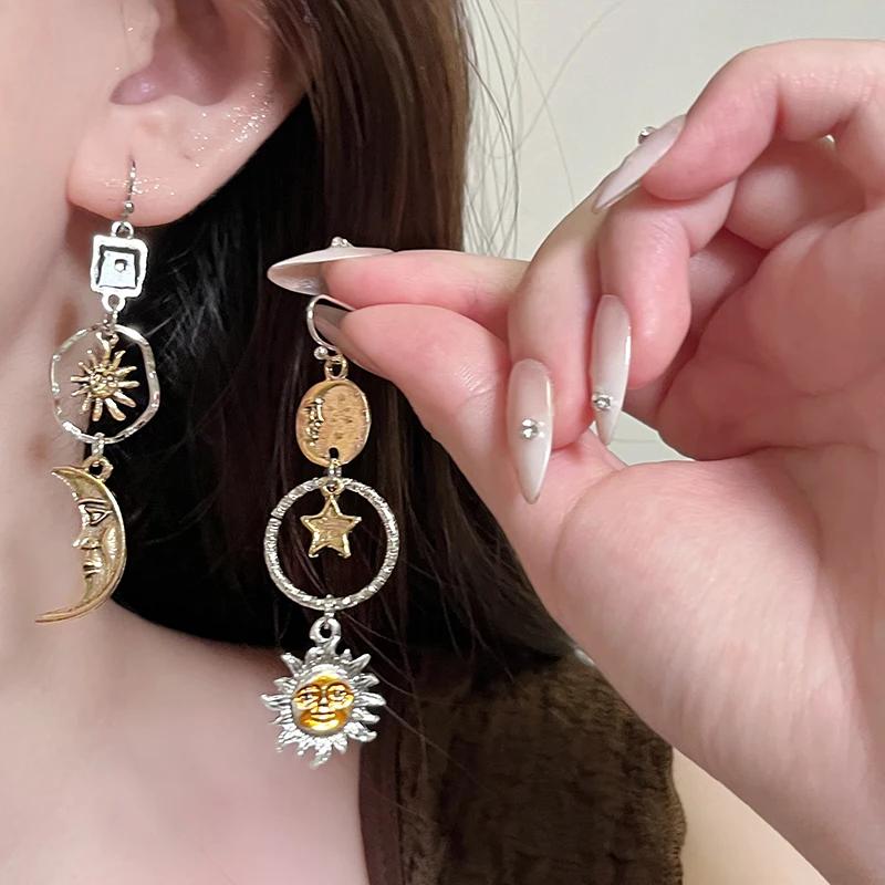 Greek Mythology Face Sun Moon Ear Clips Asymmetric Personality Long Clip On Earrings Non Pierced for Women Party Jewelry Gifts