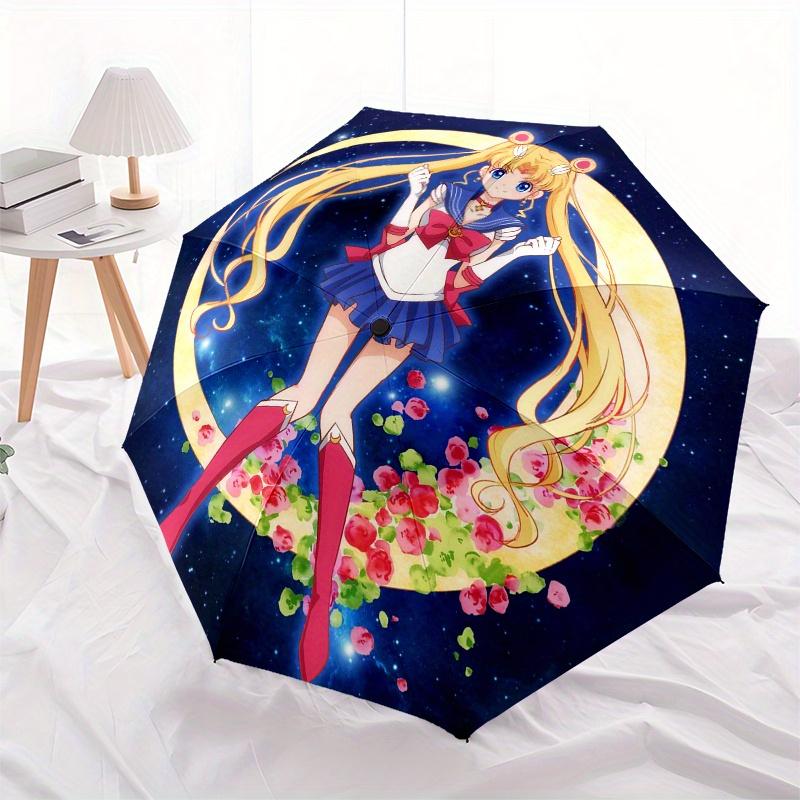 Decorazione Circolare da Parete Ispirata a Sailor Moon con Luna Illuminata dall'Acqua Ombrello, Ombrello Compatto Pieghevole a 3 Pieghe Portatile per Uomini e Donne Regalo