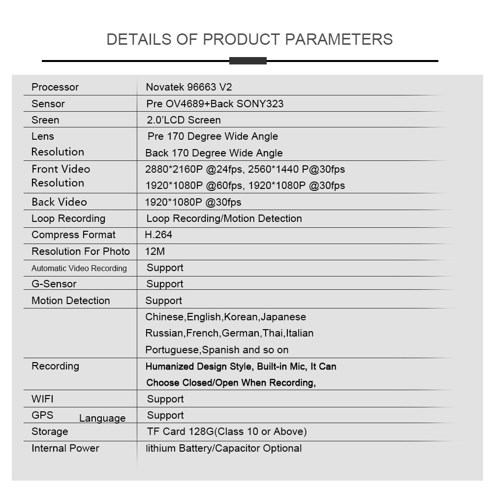 CAR Camera4K 2160P Dash cam with 1080P Rear Camera GPS logger ADAS IMAX323 sensor car Video Recorder Novatek 96663 Night Visio