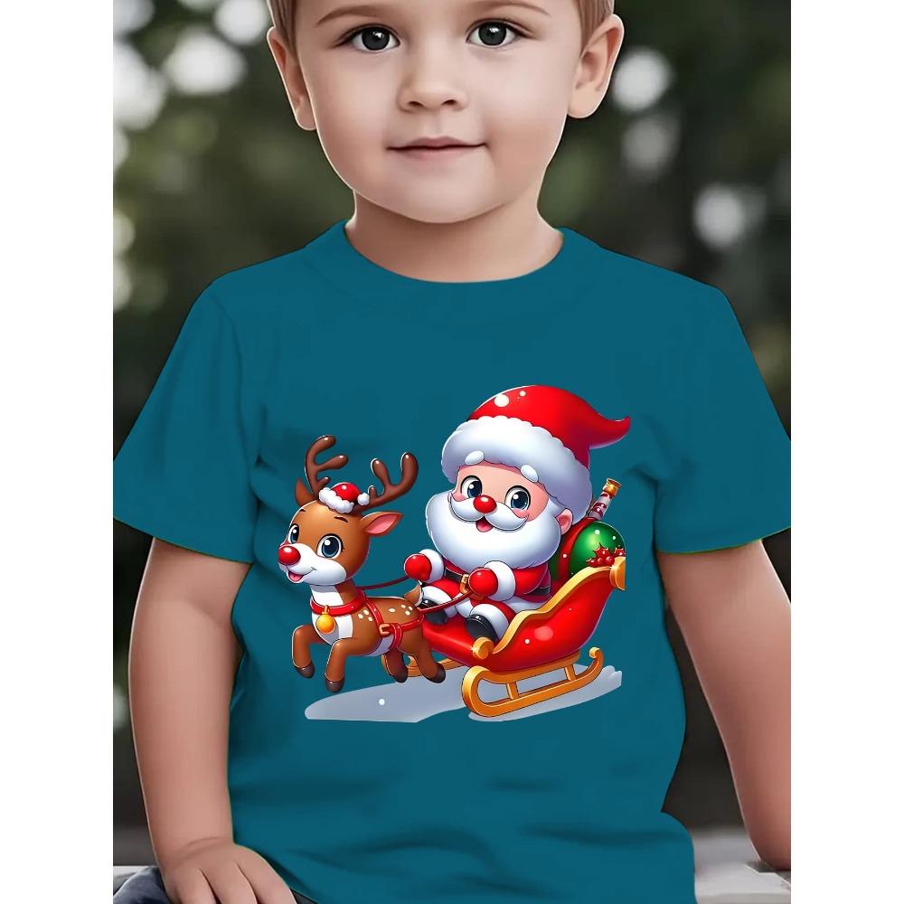 Summer Children's Fashion T-shirt Christmas Santa Claus Printed Outdoor Casual Parent Child Top Sitting on Elk Sled