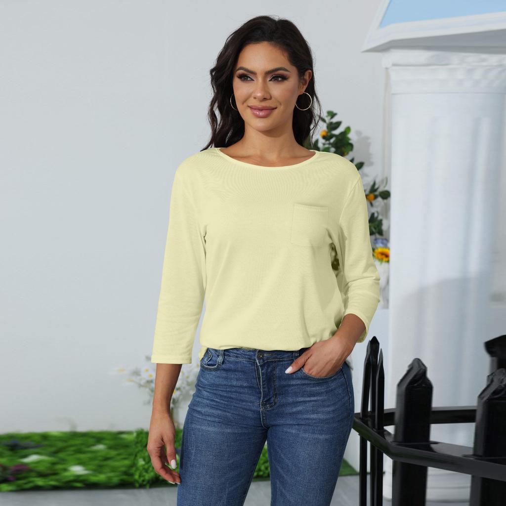 Lässiges, einfarbiges Oberteil mit O-Ausschnitt, Dreiviertelärmeln und Taschen für Damen