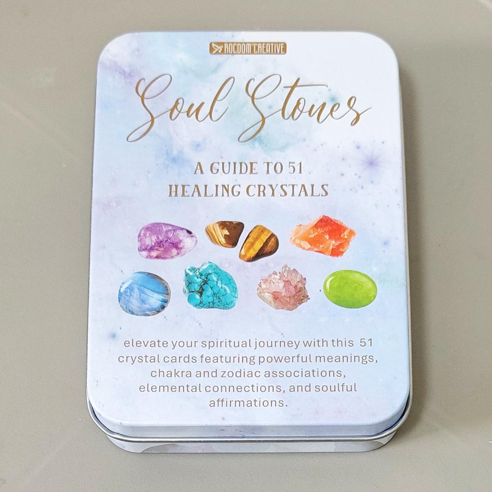 Soul Stones Crystal Oracle Deck, 11.5*8cm 51 Healing Affirmation Cards in Tin Box with Guidebook, Chakra Zodiac Element Cards