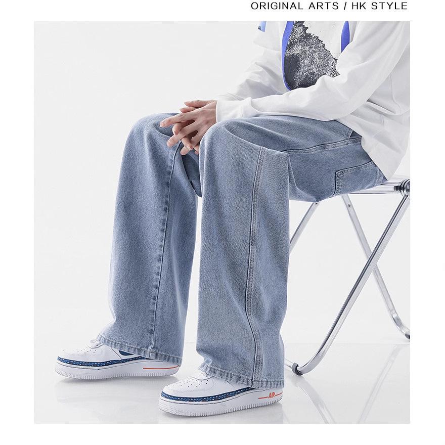 Herren Japanischer Stil Helle Farbe Weite Beine Kordelzug Jeans mit Elastischem Bund, Lockere Gerade Passform, Bodenlang Lässige Trendige Hose