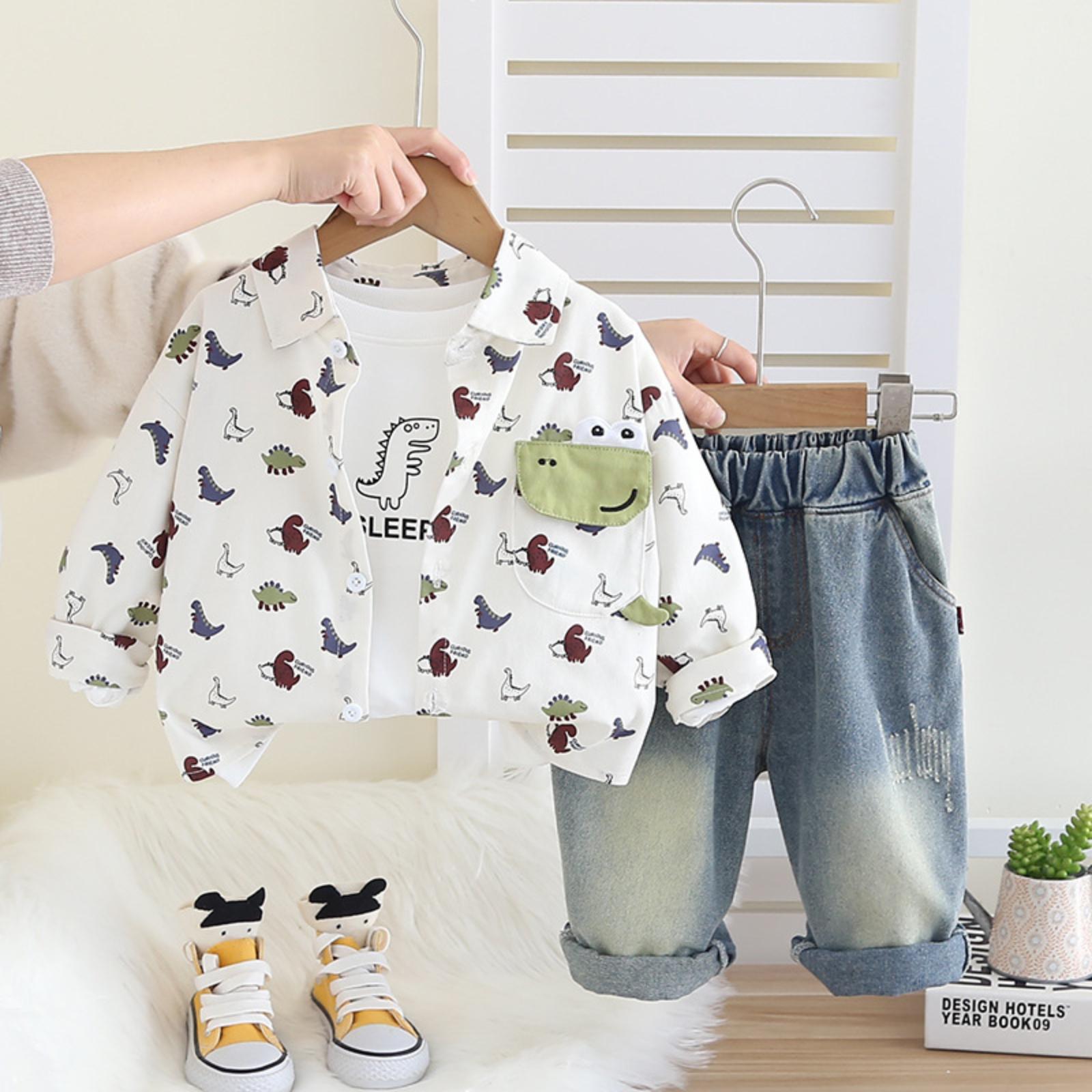 

Spring Collection Dinosaur Shirt, Stylish Children s Casual Shirt Baby Boys Spring/Autumn Long-Sleeved Three-Piece Set 90 белый