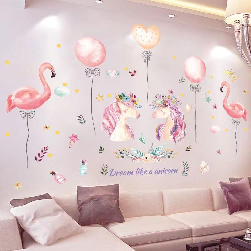 Pink Wall Sticker for Bedroom Girls, Unicorn Feather Princess Flowers Decal, Nursery Removable Wallpaper