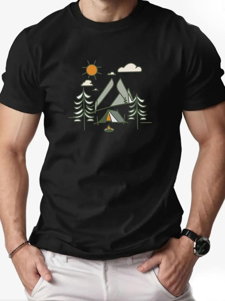 Men's Summer 100% Cotton Camping Tent Adventure Printed Round Neck Short Sleeve Breathable Casual Daily Sports Street T-shirt