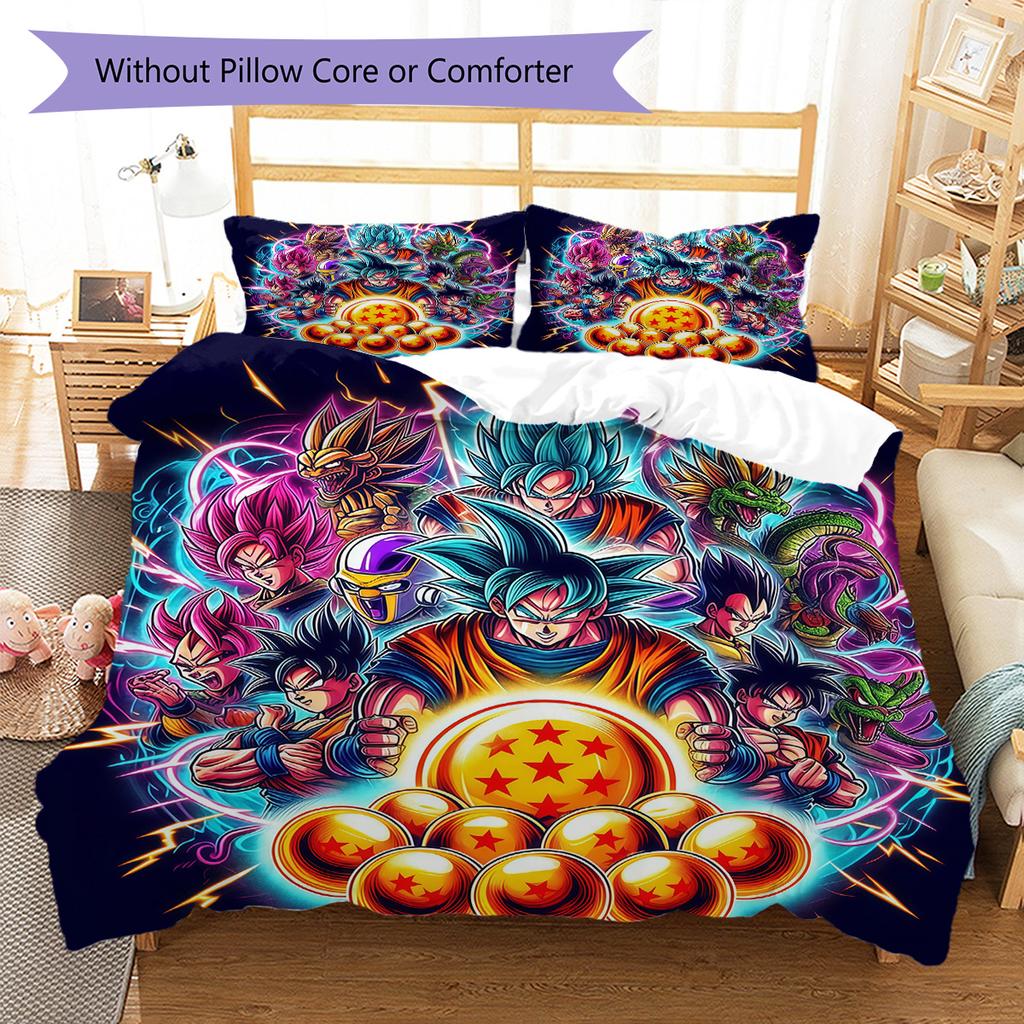 DBZ Anime Pattern Bedding Quilt Set Quilt Cover Pillowcase Home Decoration Birthday Gift (1 * Duvet Cover + 2 * Pillowcase, Without Core)