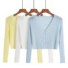 Women's V Neck Long Sleeve Knit Cardigan Straight Fit Solid Color Vertical Rib Cropped Single Breasted Lightweight Outerwear