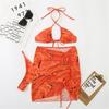 Women's Printed Bikini Set Three Piece Swimsuit Halter Neck Tie Top High Waist Bottom Beachwear Cover Up Skirt